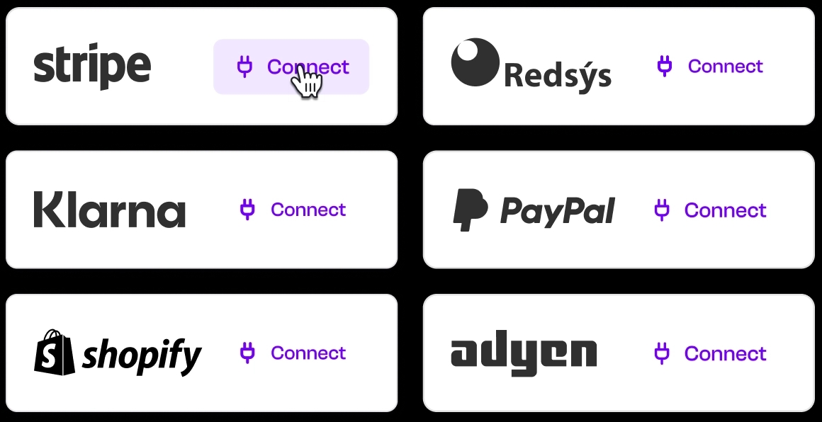 Integration interface showing connected payment platforms and services